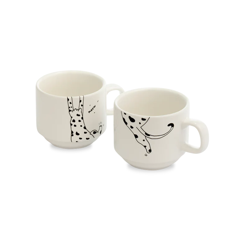 Porcelain Set of 2 Stackable Mugs - Meow