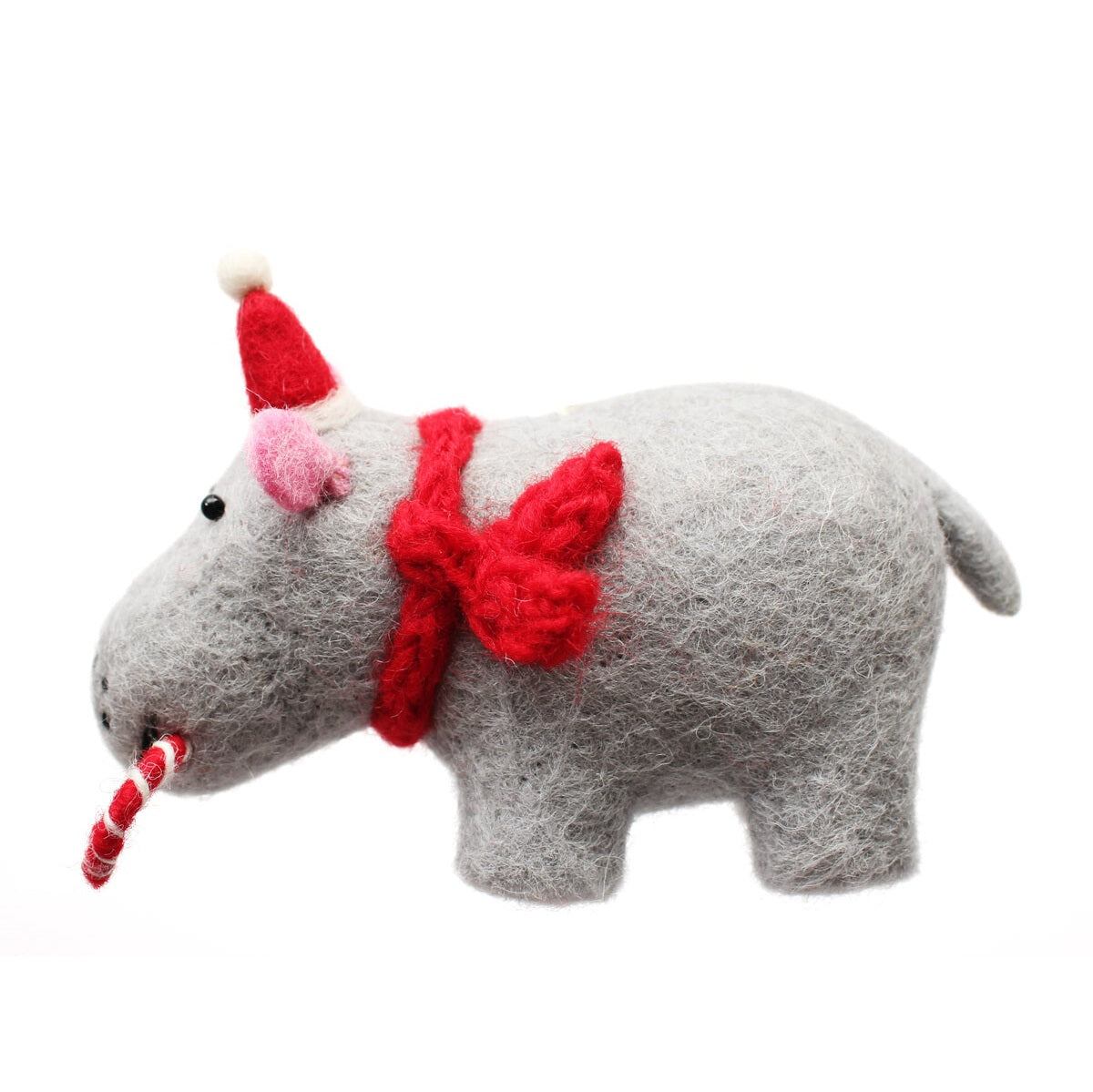 Felt Hanging Decoration - Hippo with Candy Cane