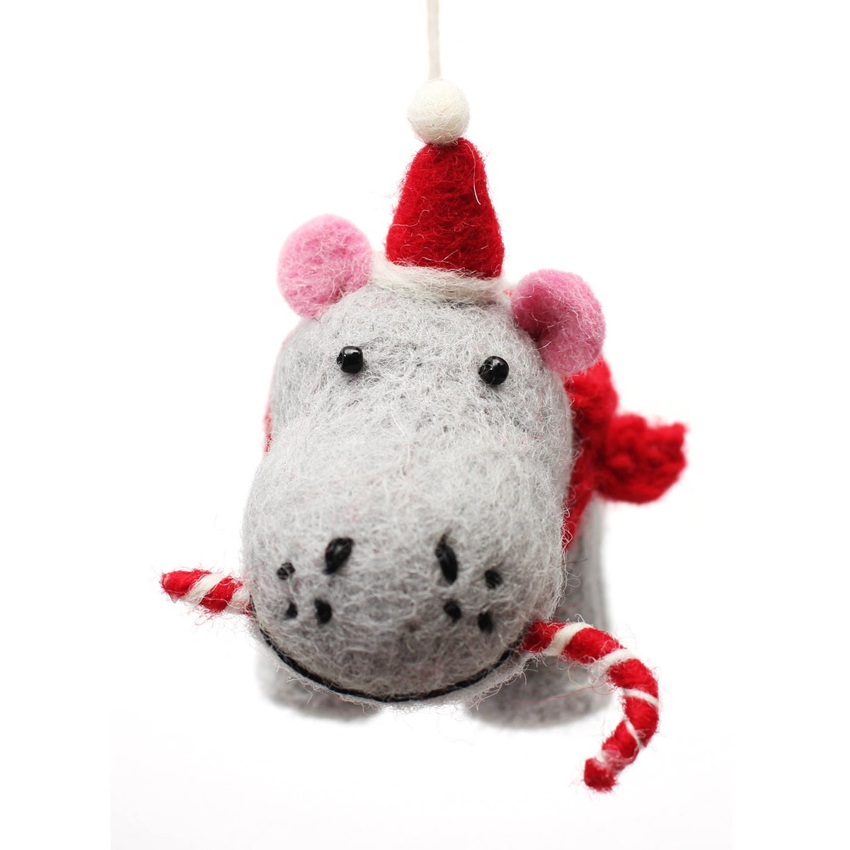 Felt Hanging Decoration - Hippo with Candy Cane