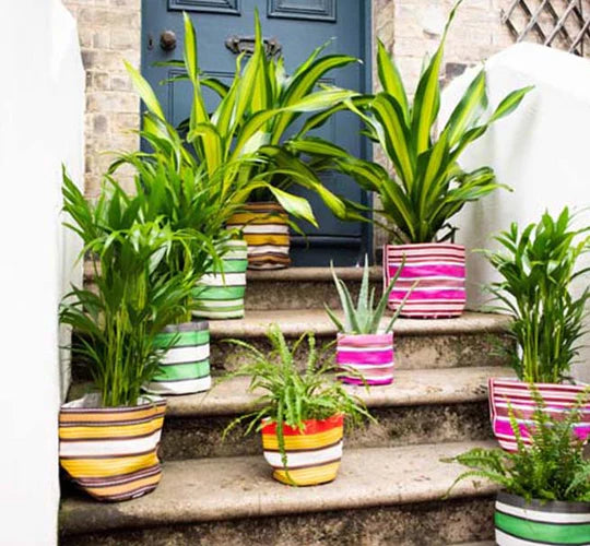 Eco Woven Plant Pot Cover/Storage Basket in Neyron Pink, Pompadour & Pearl (Large 25cm)