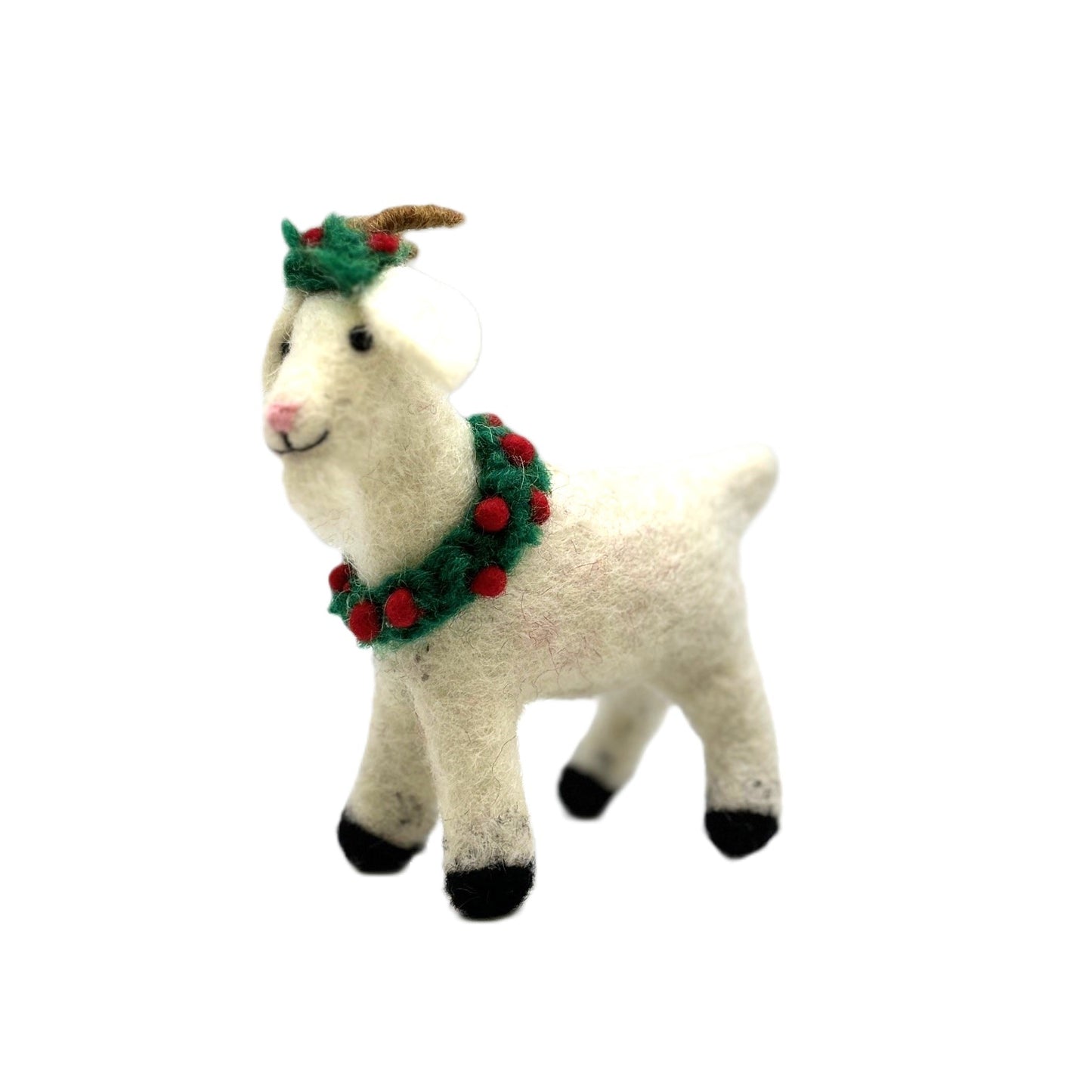Felt Hanging Decoration - Christmas Goat with Holly Wreath