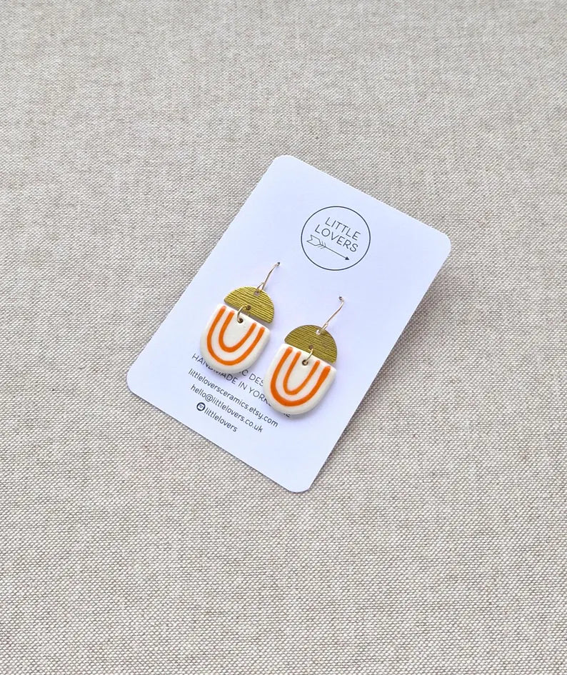Kam Porcelain & Brass Dangle Earrings (White/Orange)