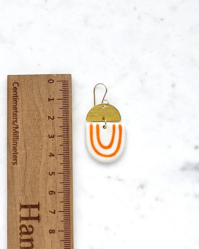 Kam Porcelain & Brass Dangle Earrings (White/Orange)