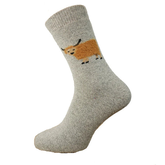 8-12 Wool Blend Socks Highland Cow (Grey)
