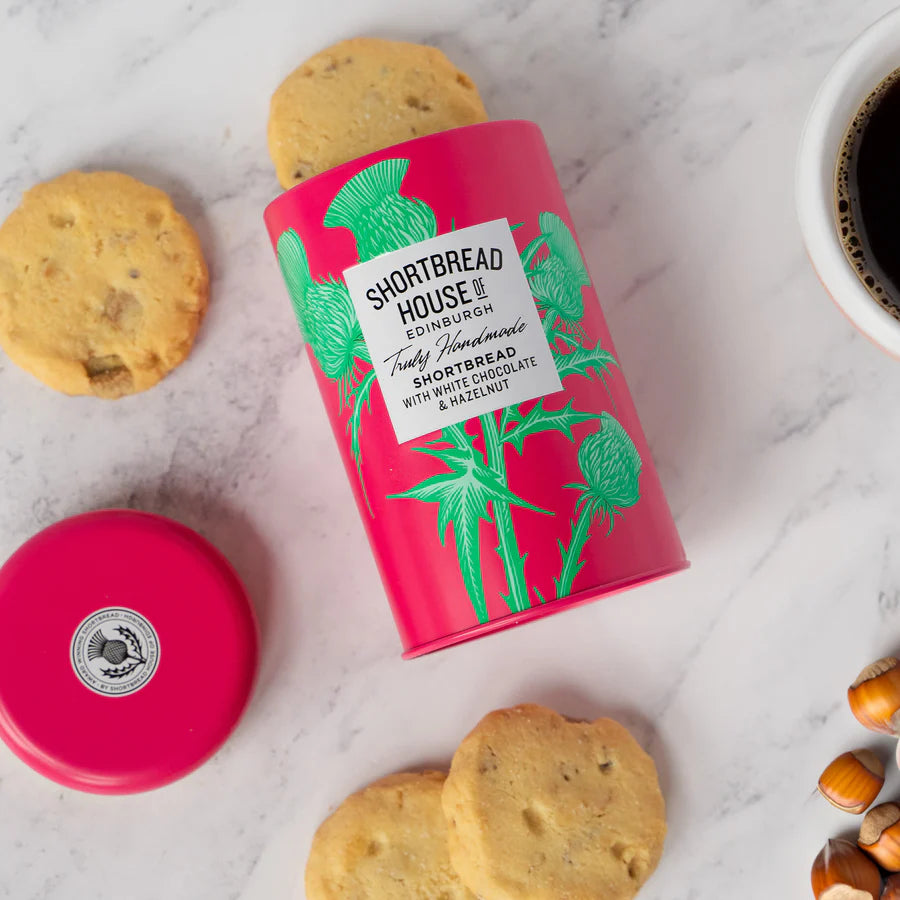 140g Tin Truly Handmade Shortbread Biscuits with White Chocolate & Hazelnuts