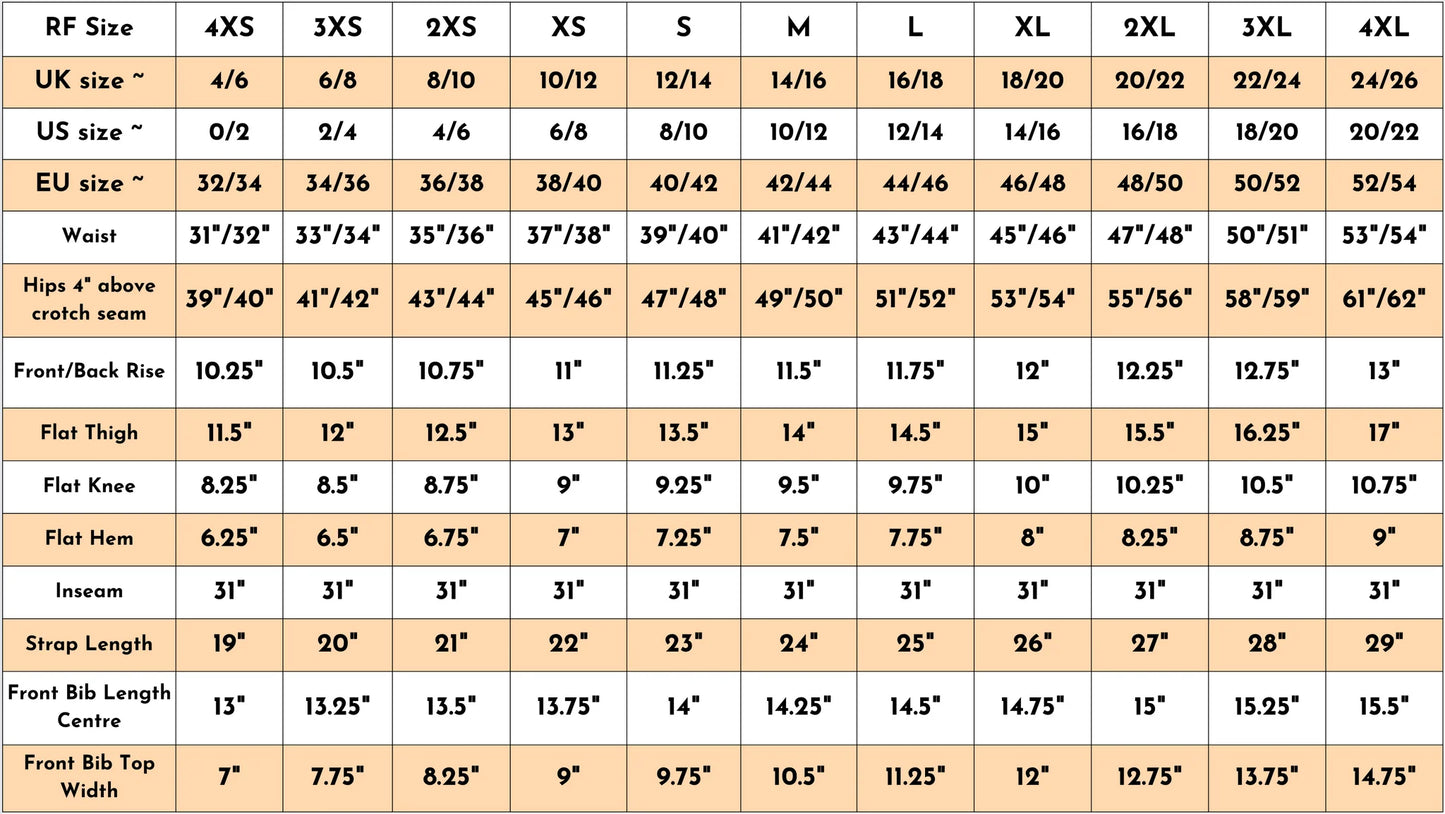 Size Guide for Run & Fly Highlighter Orange Stretch Cord Dungarees