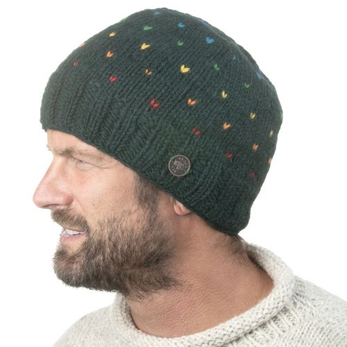 Pure Wool Beanie Rainbow Tick Pine Green