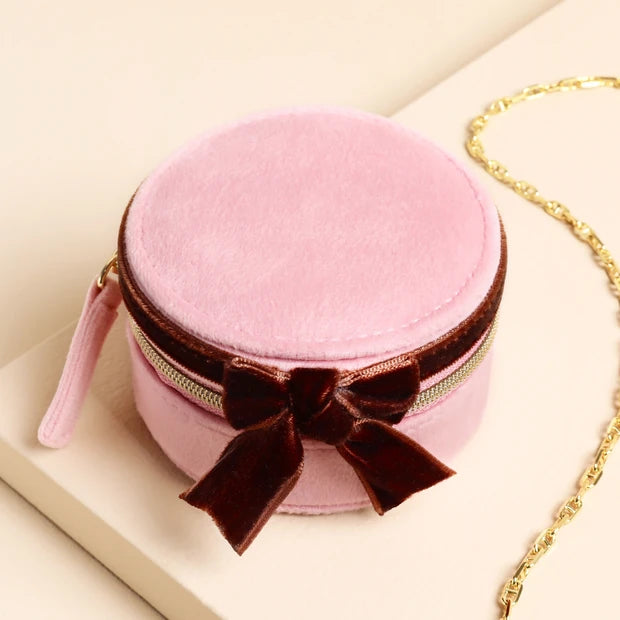 Pink & Burgundy Velvet Bow Mini Round Jewellery Case