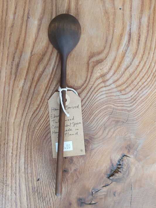 Hand Carved Long Handled Ebonised Tulipwood Condiment Spoon