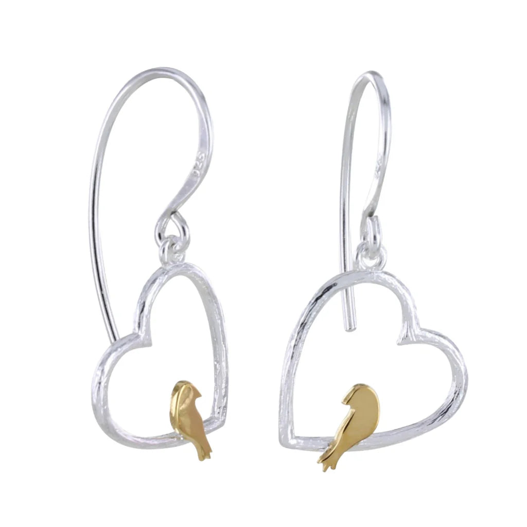 Bird in Heart Drop Earrings (Sterling Silver)