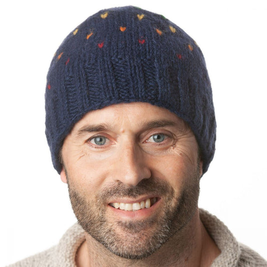 Pure Wool Beanie Rainbow Tick Dark Blue