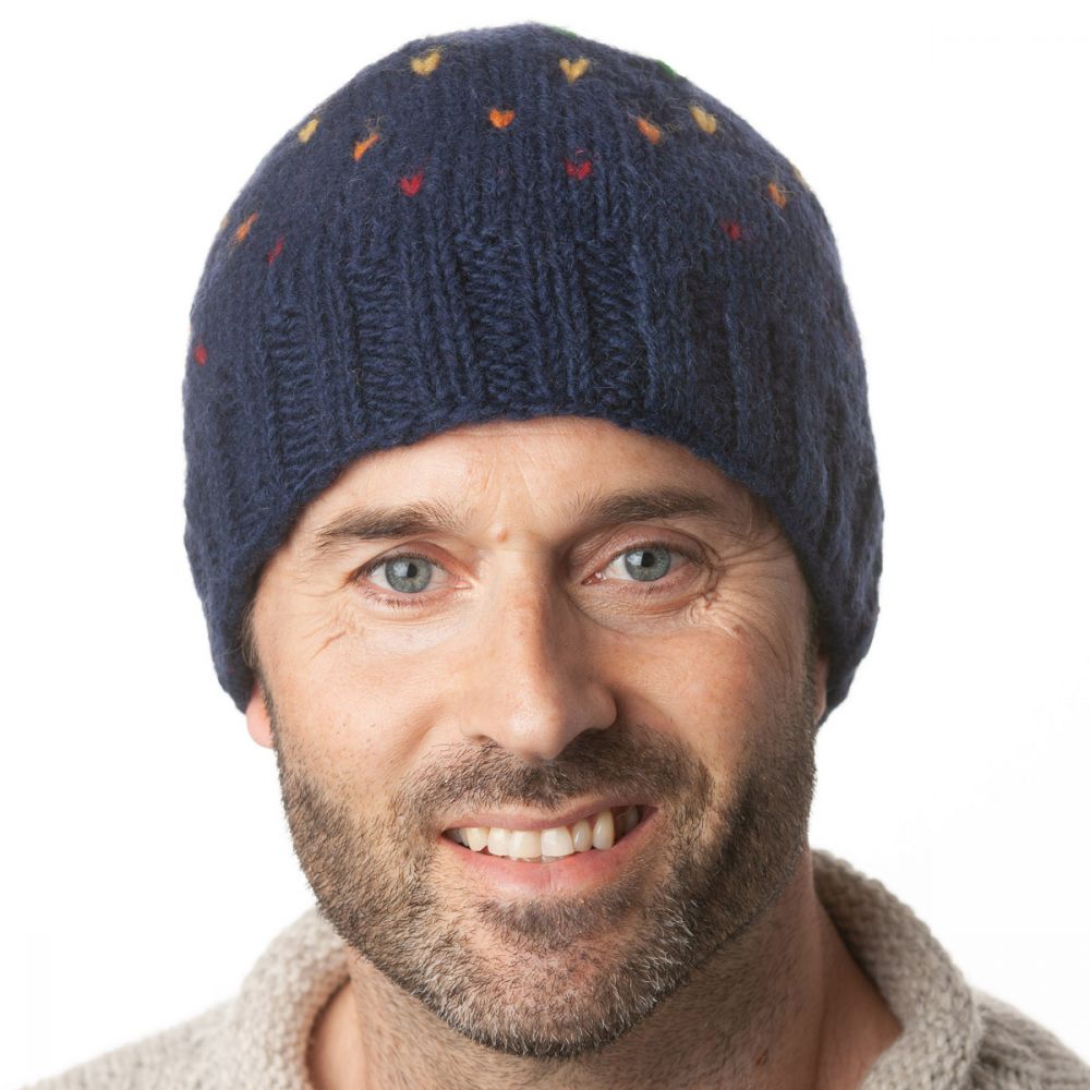 Pure Wool Beanie Rainbow Tick Dark Blue