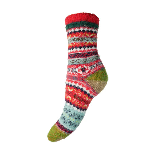 4-7 Wool Blend Socks Scandi Pattern (Red/Green)