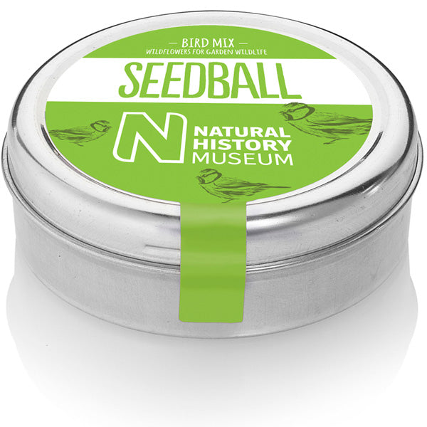 Green seedball label on steel tin