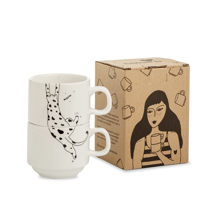 Porcelain Set of 2 Stackable Mugs - Meow