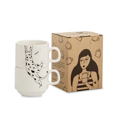 Porcelain Set of 2 Stackable Mugs - Meow