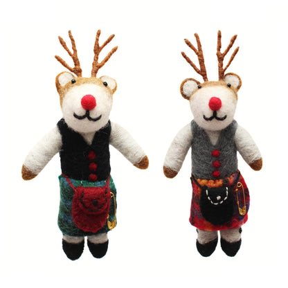 Hanging Felt Decoration - Reindeer In Kilt (2 Assorted Designs)