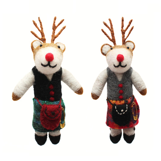 Hanging Felt Decoration - Reindeer In Kilt (2 Assorted Designs)