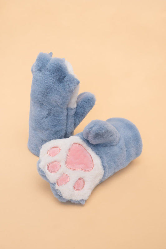 Kids Fluffy Mittens Bear Paw Blue