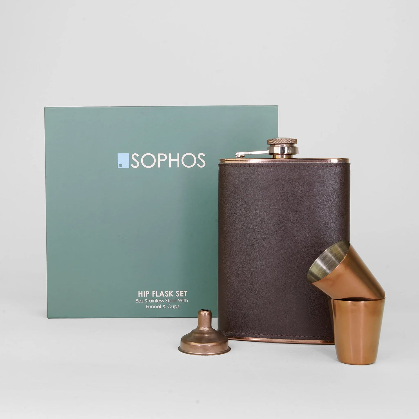 Sophos Copper and Brown Hip Flask Gift Set 8oz