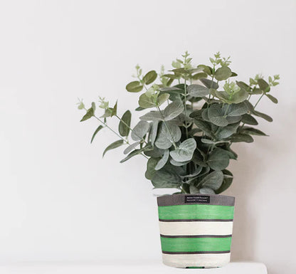 Eco Woven Plant Pot Cover/Storage Basket in Grass Green, Indigo & Pearl (Medium 19cm)