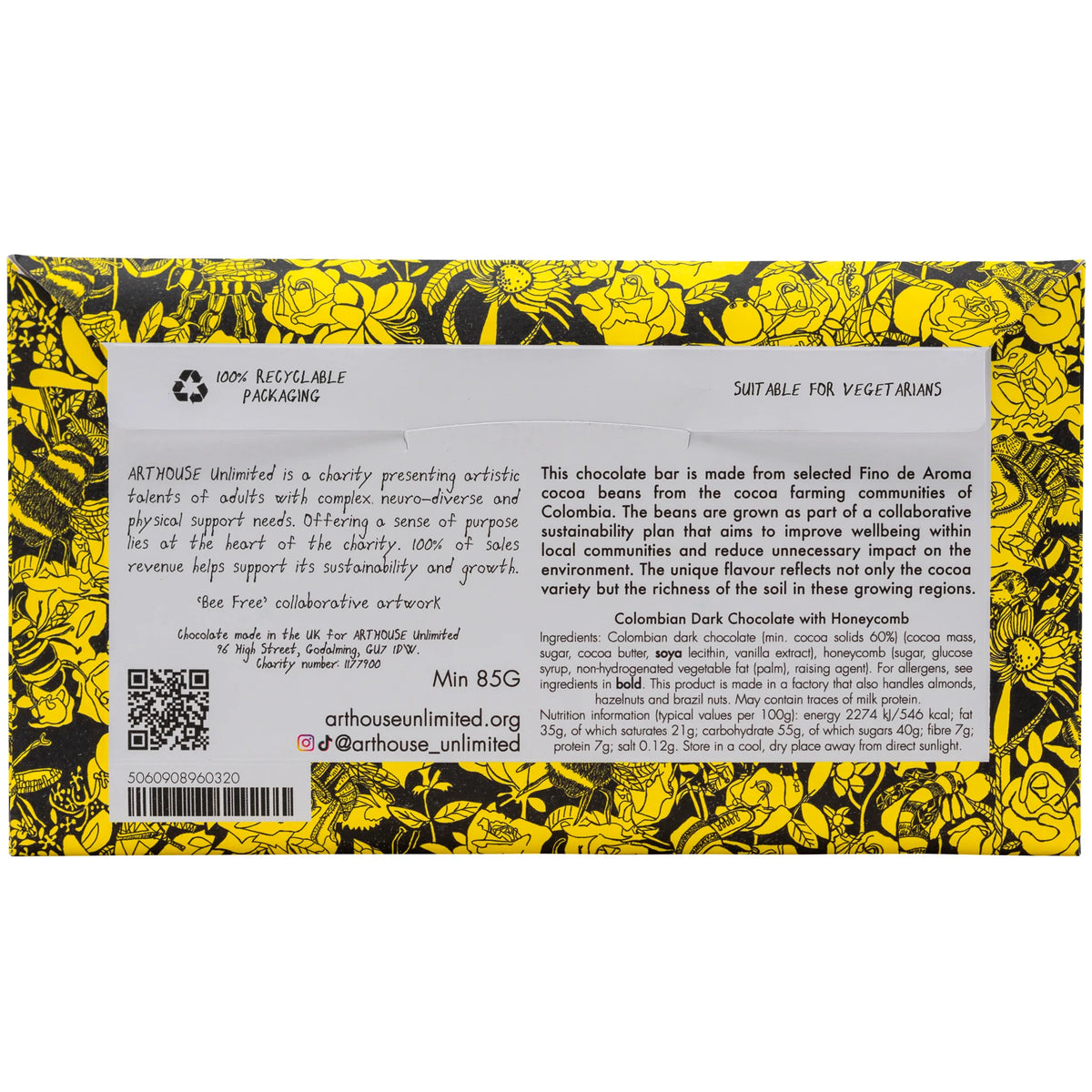 Arthouse Bee Free - Dark Chocolate Bar with Honeycomb (Vegan)