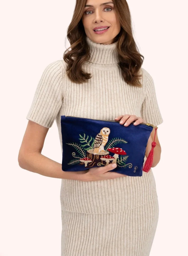 Powder Woodland Owl Zip Pouch (Navy)