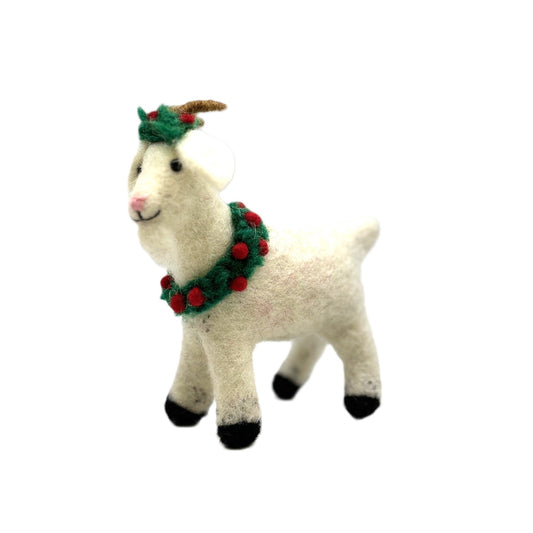 Felt Hanging Decoration - Christmas Goat with Holly Wreath