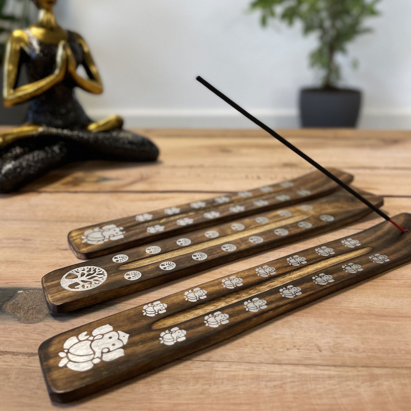 Carved Mango Wood Incense Holder Burnt Finish - Assorted Designs