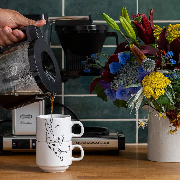Porcelain Set of 2 Stackable Mugs - Meow