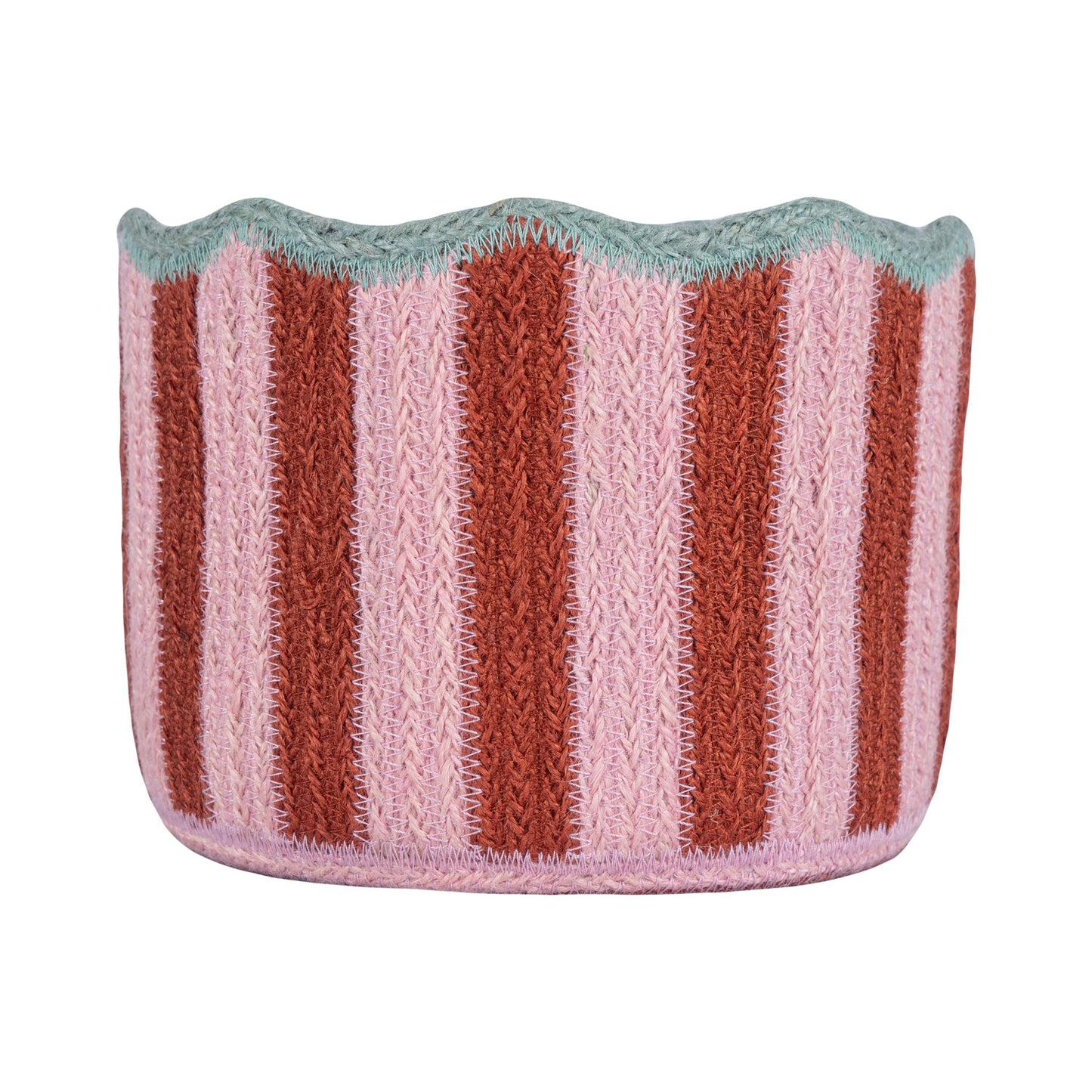 The Braided Rug Company Jute Basket with Pink and Burgundy stripes