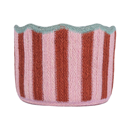 The Braided Rug Company Jute Basket with Pink and Burgundy stripes