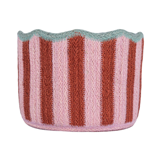 The Braided Rug Company Jute Basket with Pink and Burgundy stripes