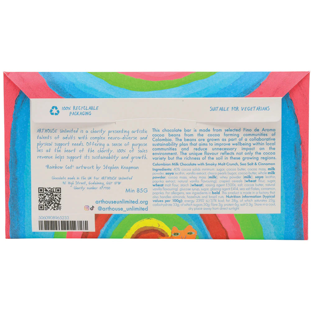 Arthouse Rainbow Cat - Milk Chocolate Bar with Smoky Malt Crunch, Sea Salt & Cinnamon