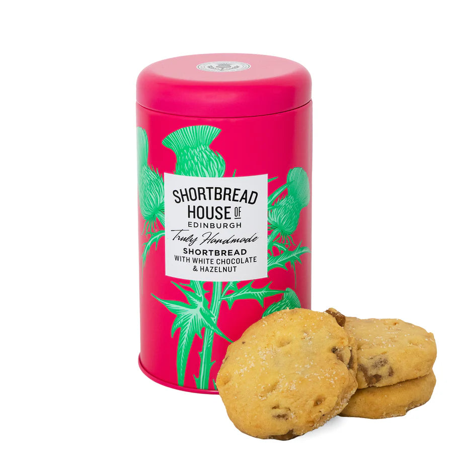 140g Tin Truly Handmade Shortbread Biscuits with White Chocolate & Hazelnuts