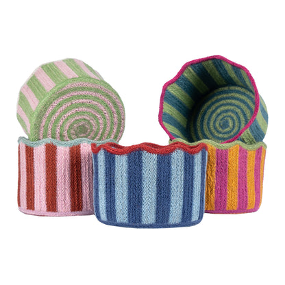 The Braided Rug Company Jute Basket with Pink and Burgundy stripes