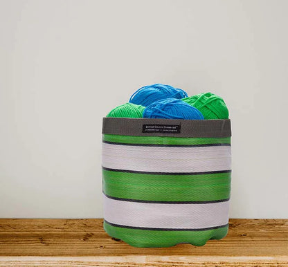 Eco Woven Plant Pot Cover/Storage Basket in Grass Green, Indigo & Pearl (Medium 19cm)