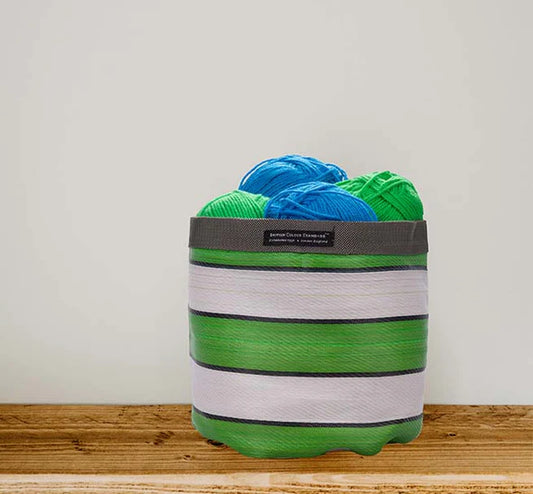 Eco Woven Plant Pot Cover/Storage Basket in Grass Green, Indigo & Pearl (Medium 19cm)