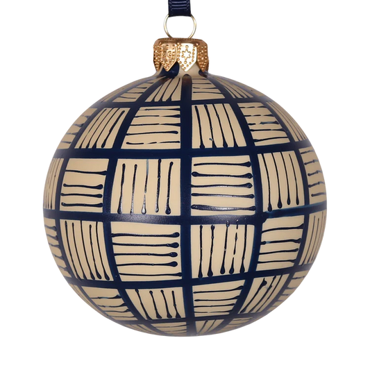 Linen Glass Bauble 8cm Navy/Taupe