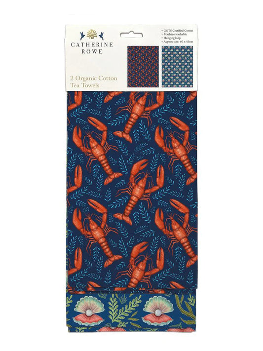 Organic Tea Towel Set of 2 - Lobsters and Oysters