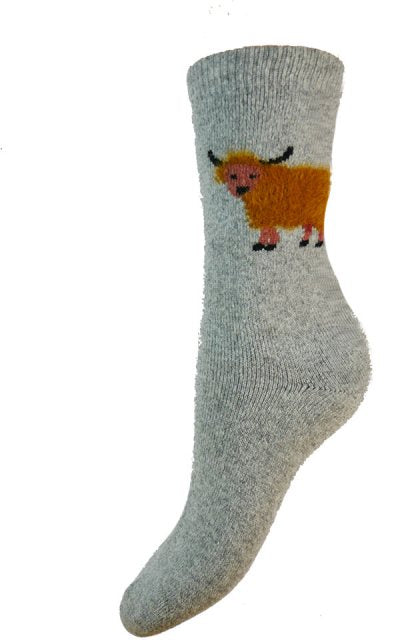 4-7 Wool Blend Grey Socks Highland Cow