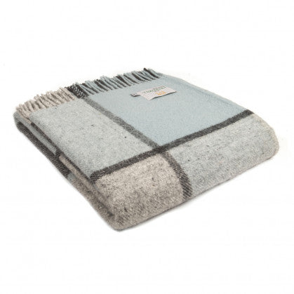 Pure New Wool Throw Block Check Duck Egg (150x183cm)