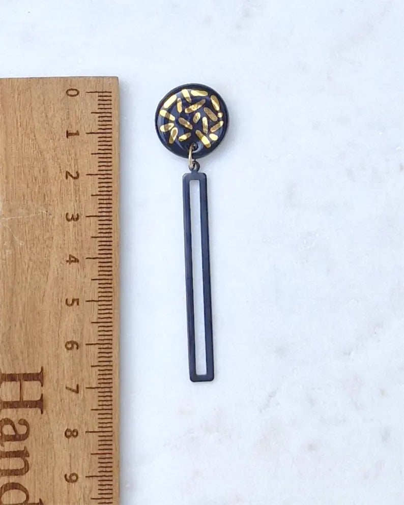 Confetti Dangle Studs With Black Bars - Black/Gold Dashes
