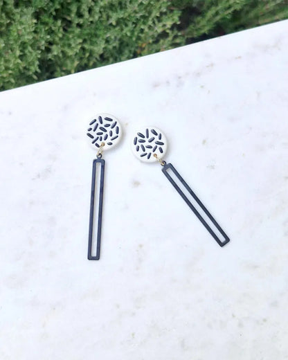 Confetti Dangle Studs With Black Bars - White/Black Dashes