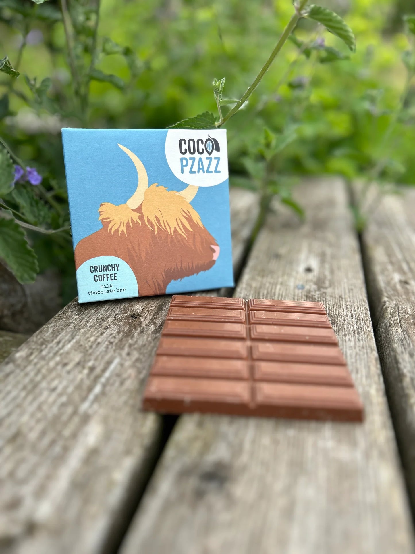 Coco Pzazz Crunchy Coffee Milk Chocolate Bar - Highland Cow