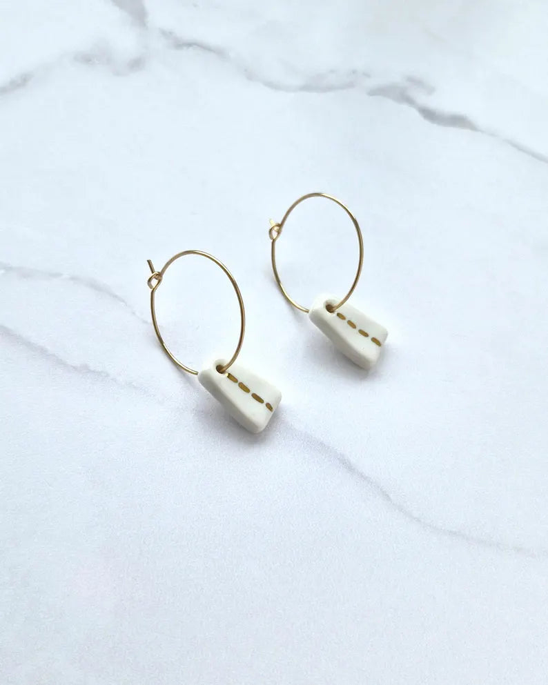 Dash Hoops Earrings - White With Gold
