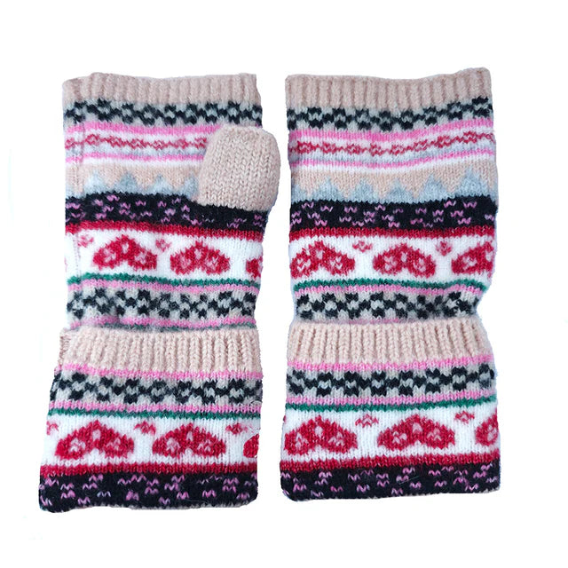 Nordic Heart Fingerless Gloves Pink