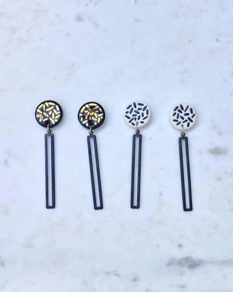 Confetti Dangle Studs With Black Bars - White/Black Dashes