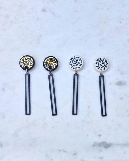 Confetti Dangle Studs With Black Bars - White/Black Dashes