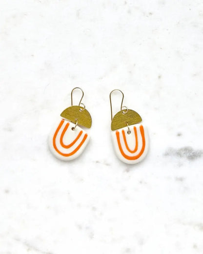 Kam Porcelain & Brass Dangle Earrings (White/Orange)